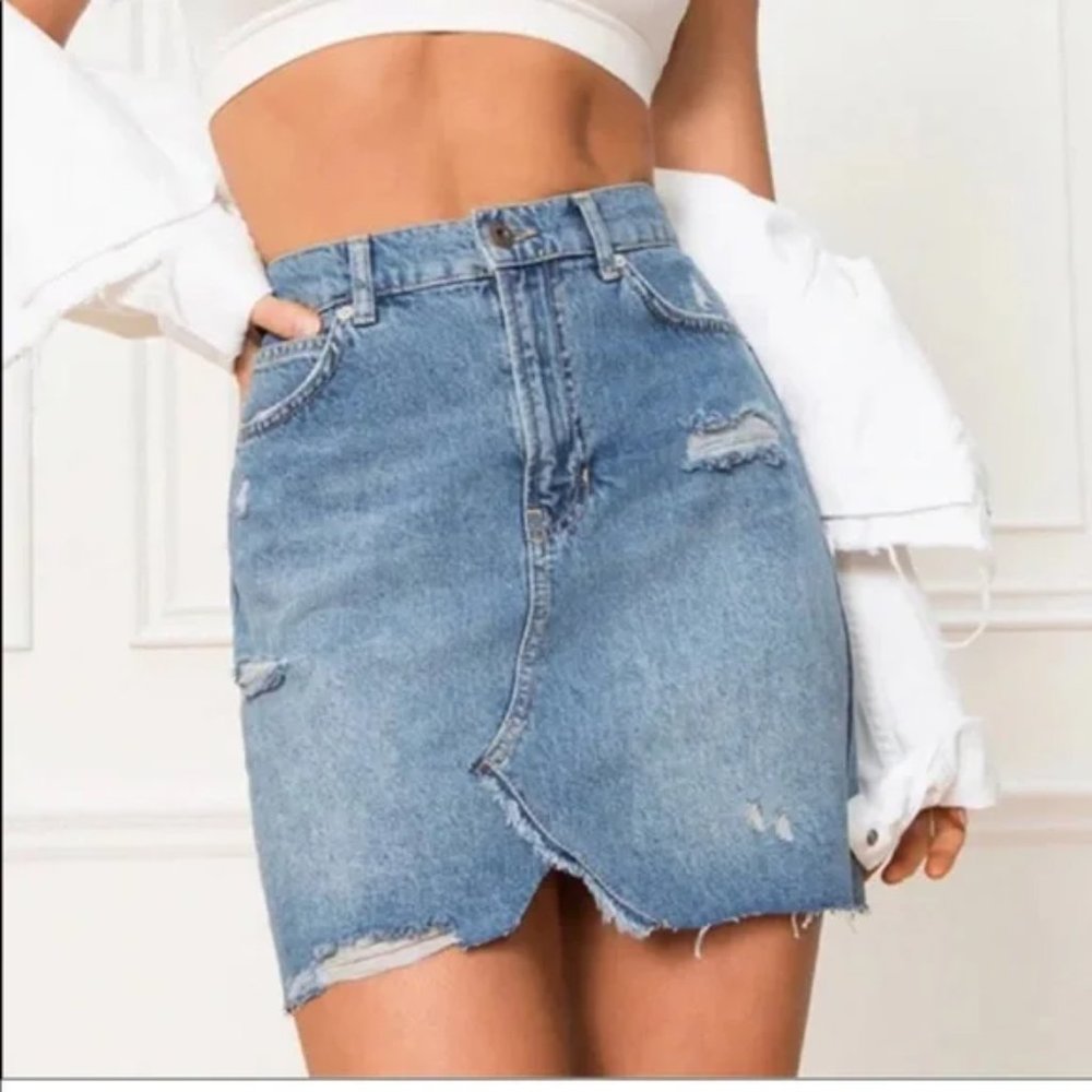 WE THE FREE/Free People Distressed High Rise Denim Skirt.  Size 26